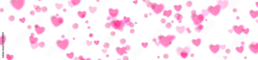 White greeting banner with pink shiny glowing hearts with bokeh effect. St Valentines Day vector background