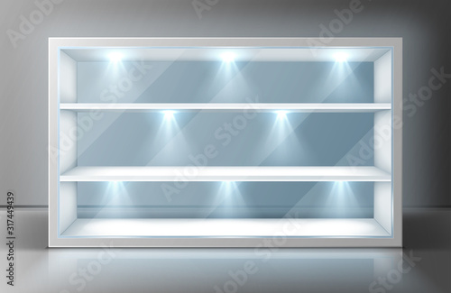 Showcase with glass wall, white shelves and spotlights. Vector realistic mockup of empty display stand, storefront with transparent window for shop, boutique, product presentarion or museum exhibition