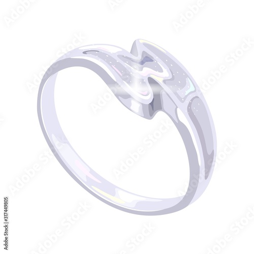 Stylish S-shaped platinum, white golden or silver ring. Beautiful shiny accessory, bijouterie vector realistic illustration isolated on white for sale of jewelry banner, flyer, poster, advertising.