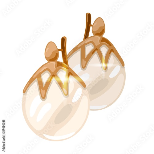 Elegant pink gold earrings with natural round pearl for glamour, stylish and fashionable women, ladies. Jewellery accessory, bijouterie vector realistic illustration isolated on white background.