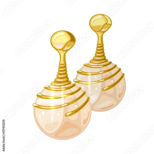 Fashionable dangling spiral shape yellow gold earrings with natural white pearl or opal. Elegant accessories vector realistic illustration for fashion, jewelry, bijouterie catalogue, showcase, website