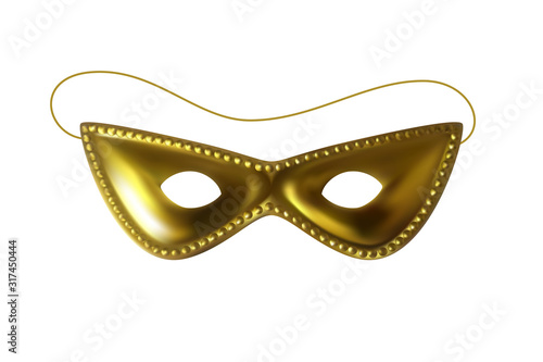 Beautiful golden carnival mask. Mardi Gras celebration, festival, carnaval decorative design element. Realistic isolated vecror object