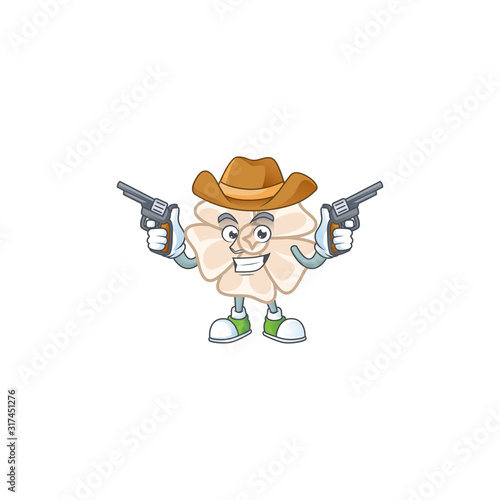 Confident chinese white flower Cowboy cartoon character holding guns