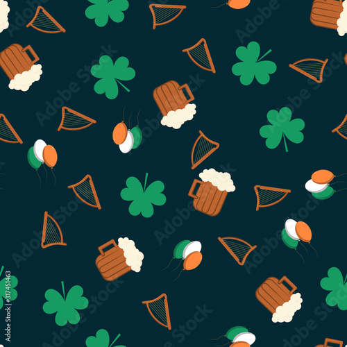 Seamless pattern for Saint Patrick s Day. Shamrock, harp, beer and balloons in irish flag colors Background for web or wrapping