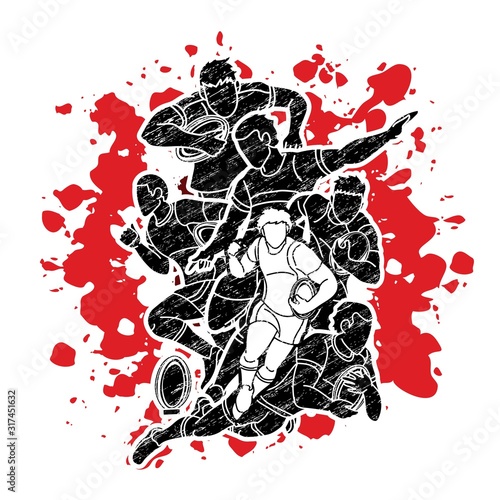 Group of Rugby players action cartoon sport graphic vector.