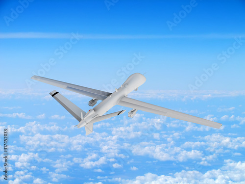 military UAV airplane drone flies against backdrop of beautiful clouds on blue sky background