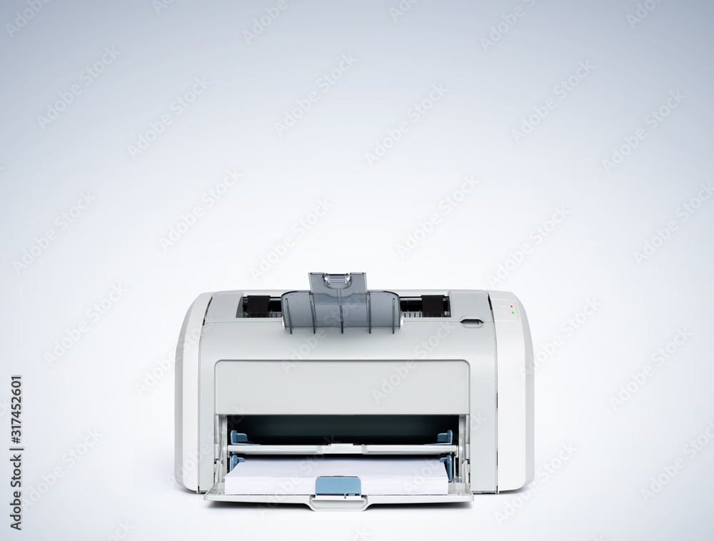 Laser printer front view, on a light blue background. File contains a path to isolation. Laser printer front view, on a light blue background. File contains a path to isolation.