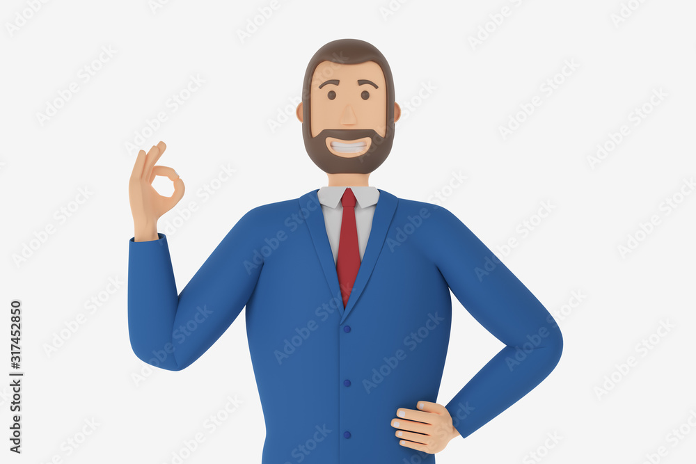 Cartoon character, businessman in suit shows okay or OK gesture. Concept with okay or OK gesture. 3d rendering Cartoon character, businessman in suit shows okay or OK gesture. Concept with okay or OK gesture. 3d rendering