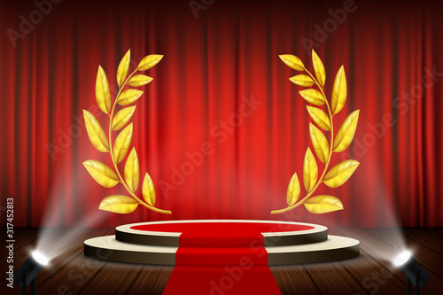 Golden laurel wreath on the podium. Awarding the winner