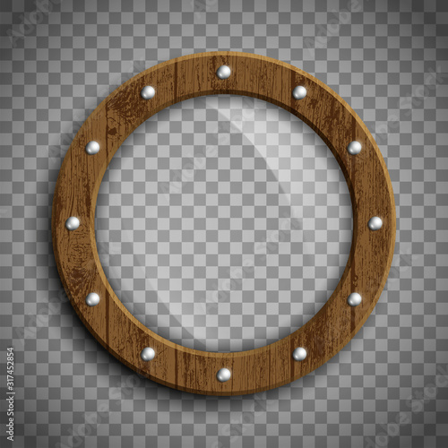 Round window porthole. Wooden frame. Template isolated on a transparent background. photo
