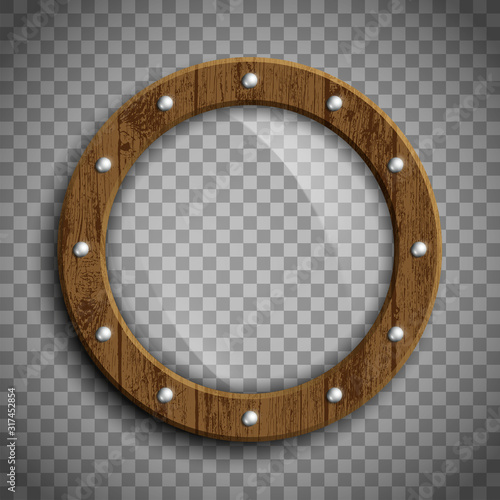 Round window porthole. Wooden frame. Template isolated on a transparent background.
