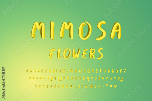 Hand drawn paintbrush alphabet. Original 3D vector font, yellow colors. Uppercase and lowercase letters, numbers, signs. Green yellow gradient color background
