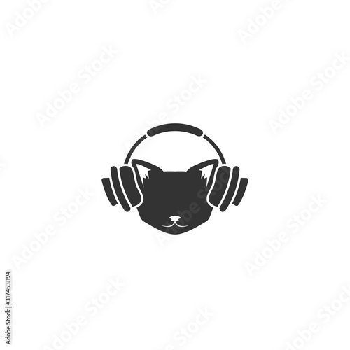 Black cat's head with headphones icon isolated on white. tough, cool tom cat.
