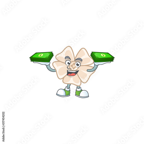 happy rich chinese white flower character with money on hands
