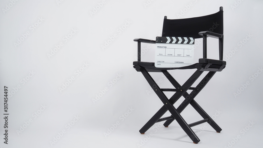 Clapper board or movie slate with director chair use in video production or movie and cinema industry. It's put on white background. Clapper board or movie slate with director chair use in video production or movie and cinema industry. It's put on white background.