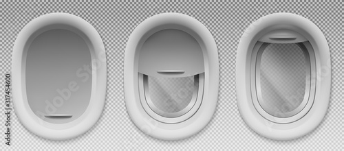 Aircraft windows. Set of three realistic airplane portholes with open and closed shade. Vector template of plane interior illuminators isolated on transparent background