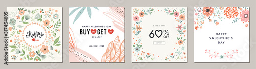 Happy Valentine's Day greeting cards. Floral square templates. Suitable for social media posts, mobile apps, banners design and web/internet ads. 