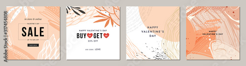 Happy Valentine's Day greeting cards. Trendy abstract square art templates. Suitable for social media posts, mobile apps, banners design and web/internet ads.