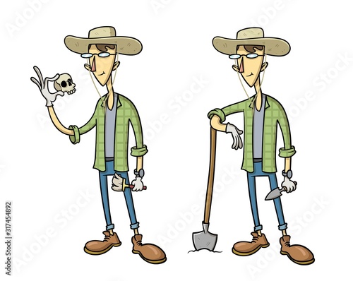 Funny cartoon archaeologist character, set of two figures. Flat vector illustration, isolated on white background.