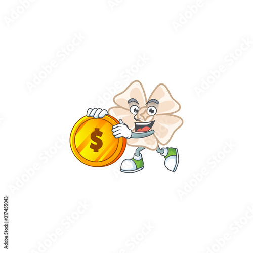 Rich chinese white flower mascot cartoon design style with gold coin