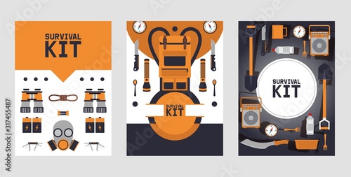 Survival kit banners, vector illustration. Basic equipment for emergency evacuation, brochure cover in flat style. Icons of backpack, radio, batteries and binoculars. Emergency situation equipment