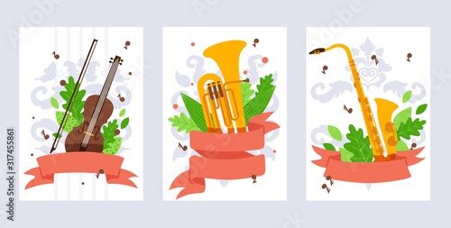 Musical instrument banner, vector illustration. Violin, tuba and saxophone in flat style. Concert invitation, music school booklet cover template. Musical instruments store promotion campaign banner