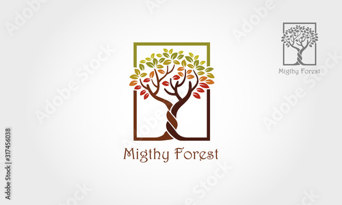 Mighty Forest Logo Template. An illustration of two trunk twisting each other in a helix. Vector illustration rainbow tree. 