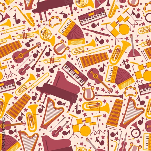 Musical instruments in seamless pattern, vector illustration. Wrapping paper with icons of piano, harp, drums, guitar and accordion. Isolated emblems in flat style. Music instrument store background