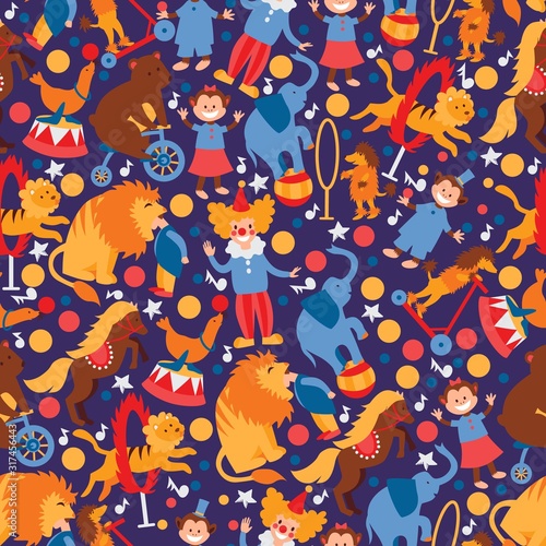 Circus trained animals and clown, seamless pattern with simple cartoon characters, vector illustration. Isolated flat style icon for circus with animals, wrapping paper print or children fabric design