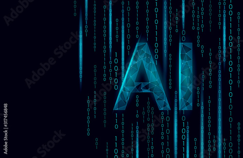 AI artificial intelligence letters 3D. Virtual assistant app geometric symbol robot support service technology. Chatbot logo template low poly vector illustration