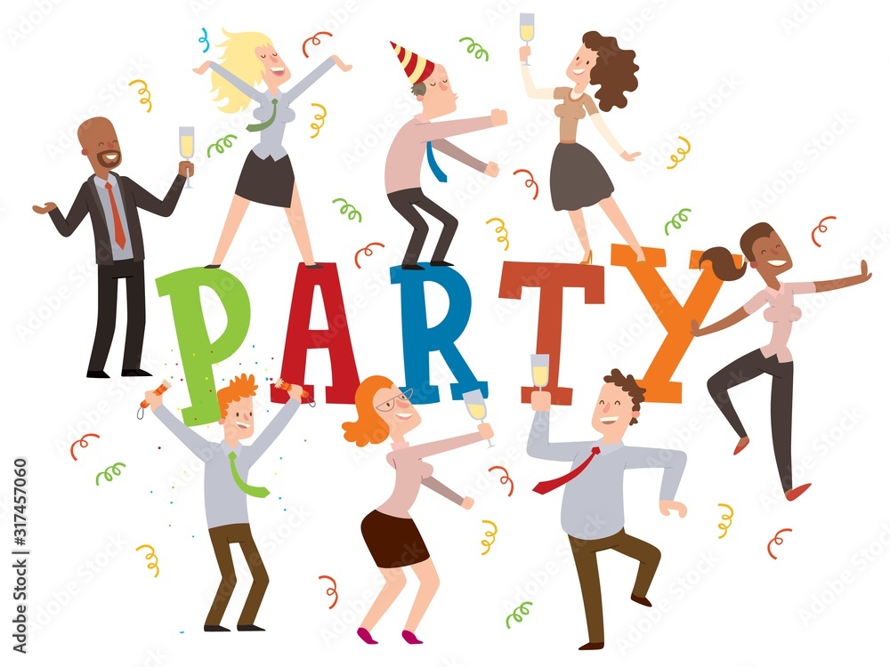 Party at the office, vector illustration. Typography poster with dancing people, funny cartoon characters, business employees celebrating. Birthday party at work, corporate event invitation flat style