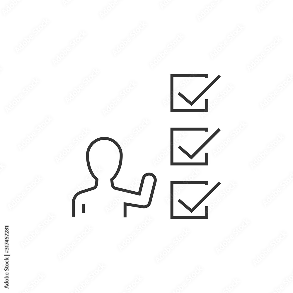 Businessman points his hand at check box linear icon. Editable stroke Businessman points his hand at check box linear icon. Editable stroke