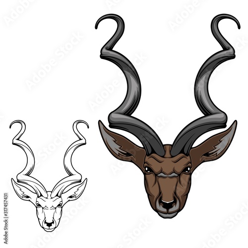 Greater kudu antelope head isolated icon of African gazelle animal with twisted horns, long ears and brown coat fur. Savannah mammal symbol of African safari and hunting sport club design