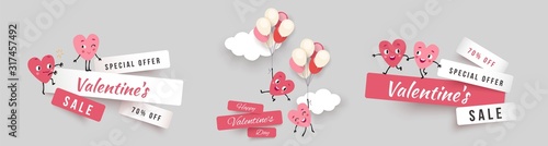 Valentines day sale banners, set paper cut ribbon with funny characters animated hearts. Collection of advertising vector stickers for holiday promotions and discounts