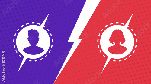 Vs screen. Blue and red abstract versus background. Man vs woman. Male and female avatars. Fight template. Simple modern comic design. Flat style vector illustration.