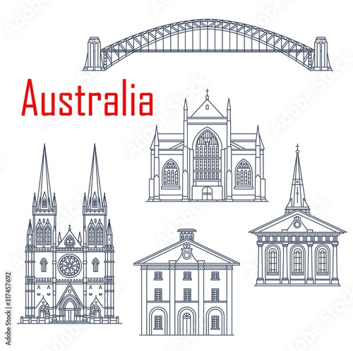 Australian Harbour bridge, St Mary and Saint James Church, St. Andrews cathedral, Hyde park barracks. Sydney sightseeing, museums and churches. Isolated outline buildings