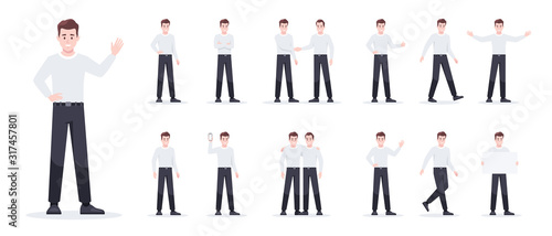 Businessman set isolated. Man in the workplace. Office worker in suit. Cartoon people in different poses and actions. Cute male character for animation. Simple design. Flat style vector illustration.