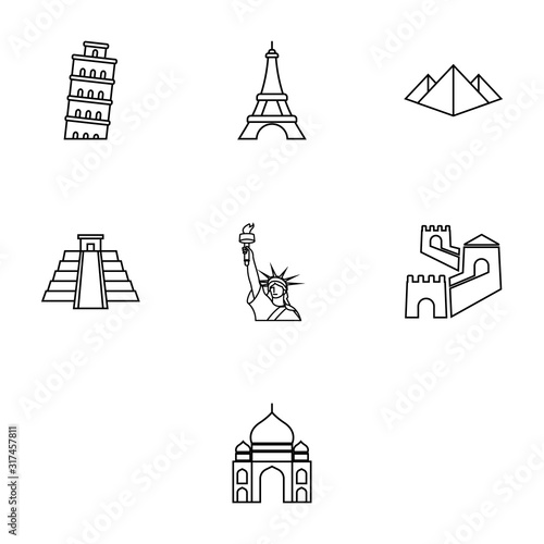 Set of seven wonders of the world icons for web or mobile app. Eiffel tower icon. Statue of Liberty icon. Pyramids icon. UI design elements - Simple vector line art illustration design.