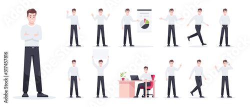Businessman set isolated. Man in the workplace. Office worker in suit. Cartoon people in different poses and actions. Cute male character for animation. Simple design. Flat style vector illustration.