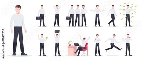 Businessman set isolated. Man in the workplace. Office worker in suit. Cartoon people in different poses and actions. Cute male character for animation. Simple design. Flat style vector illustration.