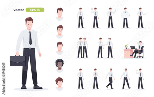 Businessman set isolated. Man in the workplace. Office worker in suit. Cartoon people in different poses and actions. Cute male character for animation. Simple design. Flat style vector illustration.