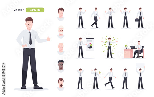 Businessman set isolated. Man in the workplace. Office worker in suit. Cartoon people in different poses and actions. Cute male character for animation. Simple design. Flat style vector illustration.