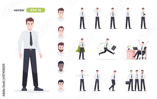 Businessman set isolated. Man in the workplace. Office worker in suit. Cartoon people in different poses and actions. Cute male character for animation. Simple design. Flat style vector illustration.