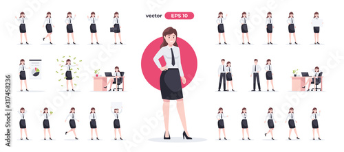 Businesswoman set. Woman in the workplace. Office worker in suit. Cartoon people in different poses and actions. Cute female character for animation. Simple design. Flat style vector illustration.