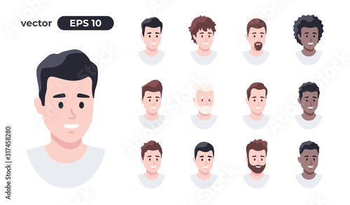 Human faces set. Man hair collection. Character face elements. Emotions: smiling, screaming. Cute cartoon people. Simple cartoon design. Simple design. Flat style vector illustration.