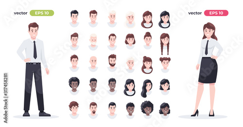 Human faces set. Man and woman. Male and female collection. Character face elements. Emotions, hairstyles. Cute cartoon people. Businessman. Simple cartoon design. Flat style vector illustration.
