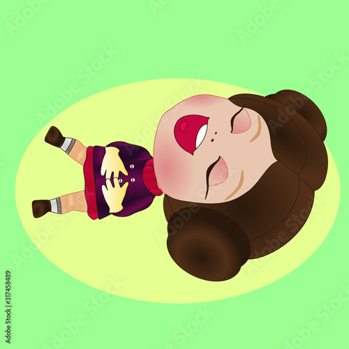 ha-ha emoticon with a funny laughing laugh girl that lies on the lawn and holds on to his stomach from nicker, vector color illustration on green background