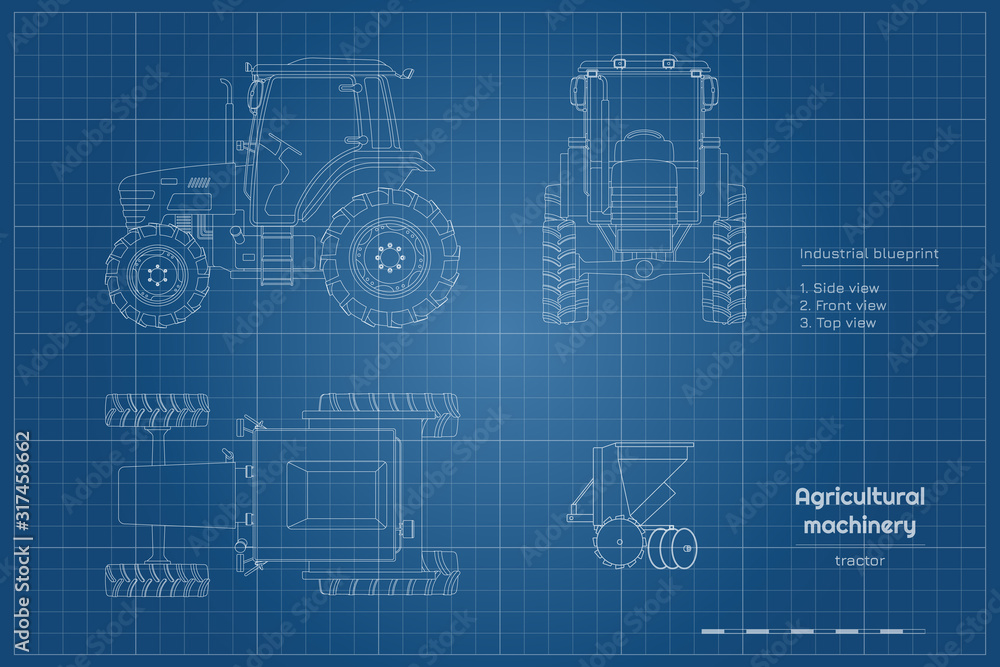 Outline blueprint of tractor. Side, front and top view of agriculture