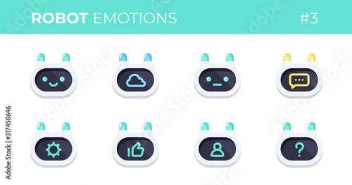 Robot emotions set. Cute robots head avatar. Chat bot with different faces. Simple modern icon design. Cartoon character isolated on white background. Screen, monitor. Flat style vector illustration.