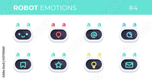 Robot emotions set. Cute robots head avatar. Chat bot with different faces. Simple modern icon design. Cartoon character isolated on white background. Screen, monitor. Flat style vector illustration.